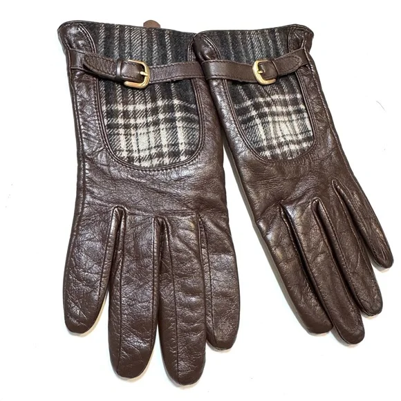 Vintage Merona Brown Leather Gloves with Tartan Plaid Fleece Detail Small Medium - Picture 2 of 7